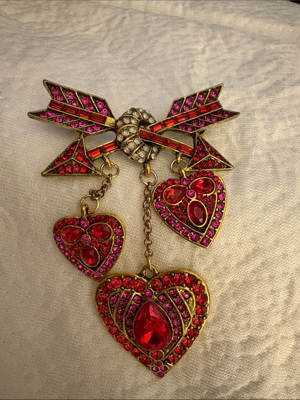 Gold-Tone Red and Pink Crystal Heart Arrow Brooch